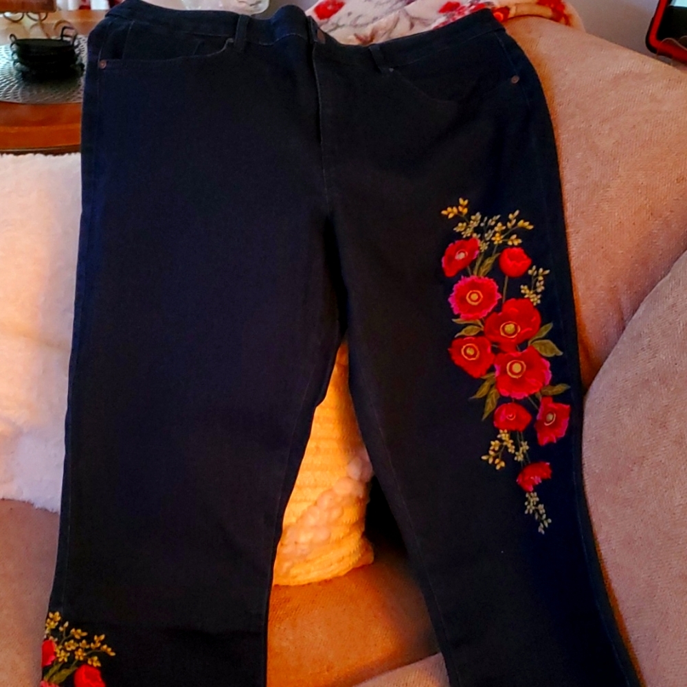 Martha Stewart Womens Skinny Jeans Blue Floral Stretch Dark Wash  16 New